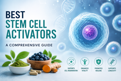 Best stem cell activators guide featuring a 3D cell illustration, DNA strands, turmeric, greens powder, and natural cellular health supplements