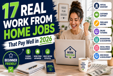 Featured image for 17 real work from home jobs that pay well in 2026, showing a happy remote worker at a laptop with job categories and income icons.