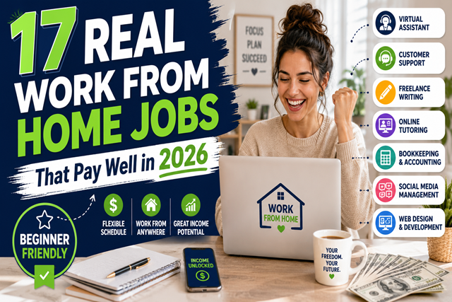 Featured image for 17 real work from home jobs that pay well in 2026, showing a happy remote worker at a laptop with job categories and income icons.