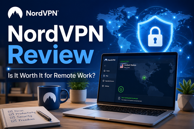 NordVPN review featured image showing a laptop with secure VPN connection, shield lock icon, and remote work desk setup