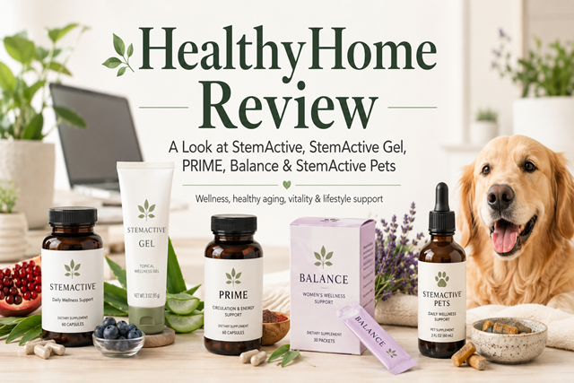 HealthyHome review featured image showing StemActive, StemActive Gel, PRIME, Balance, and StemActive Pets wellness products on a bright natural lifestyle background.